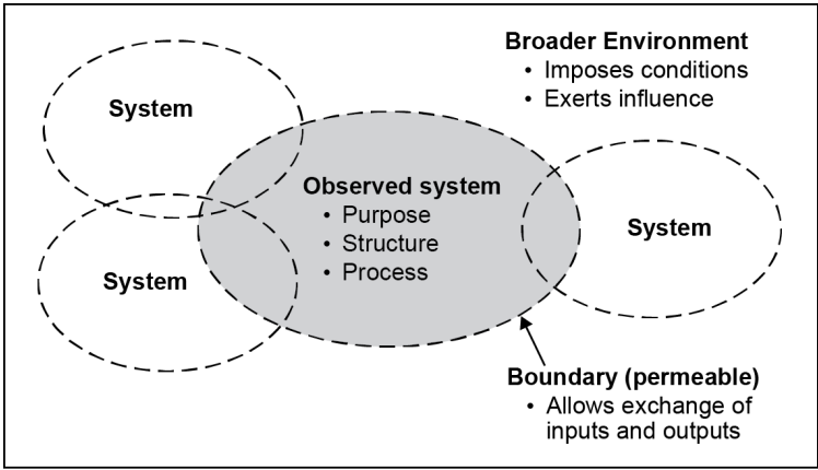 ADM systems-thinking diagram: a shaded 'observed system' with purpose, structure, and process, ringed by a permeable boundary that exchanges inputs and outputs with surrounding systems and a broader environment that imposes conditions and exerts influence.